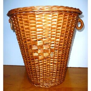 Vintage Wicker Retain Hand Woven Wastebasket 12" Hanging Loops Office Bathroom